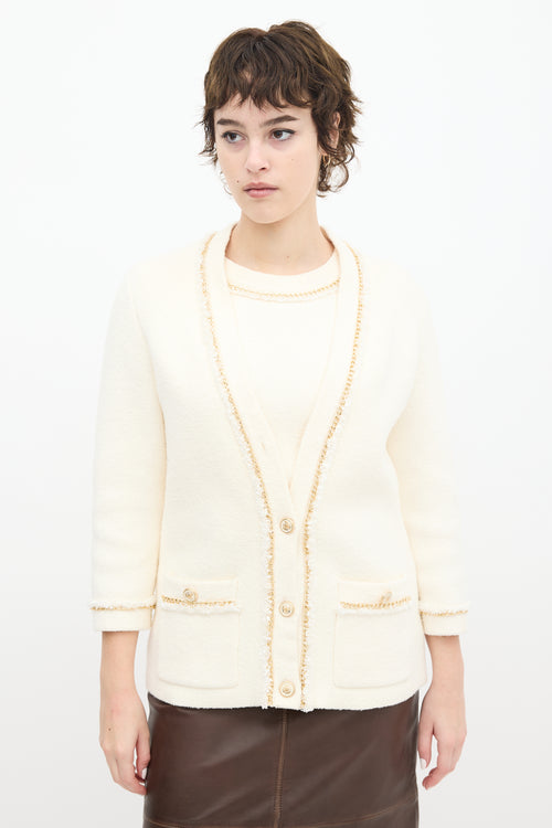 Maje Cream Cotton Boucle Chain Trim Cardigan