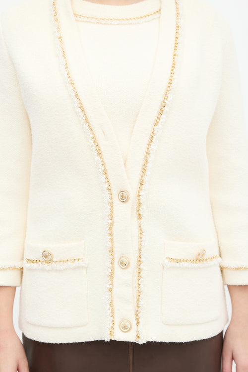 Maje Cream Cotton Boucle Chain Trim Cardigan