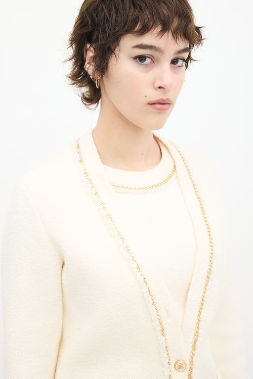 Maje Cream Cotton Boucle Chain Trim Cardigan