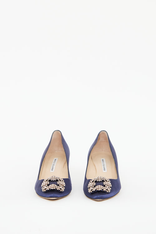 Manolo Blahnik Navy Hangisi Crystal-Embelished Pump