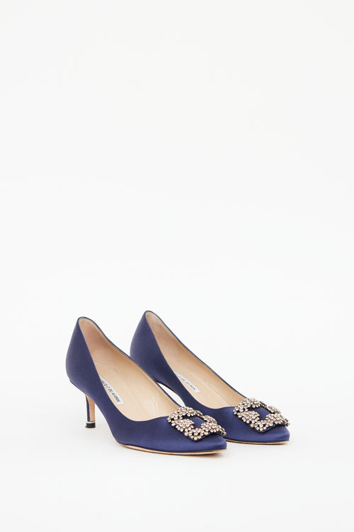 Manolo Blahnik Navy Hangisi Crystal-Embelished Pump