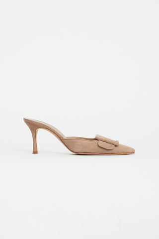 Manolo Blahnik Beige Suede Buckle Mule