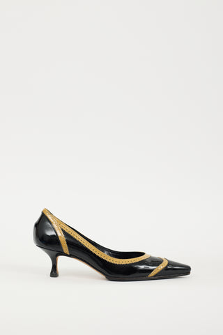 Manolo Blahnik Black 
Beige Patent Leather Brogue Heel