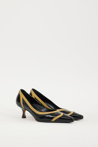 Manolo Blahnik Black 
Beige Patent Leather Brogue Heel