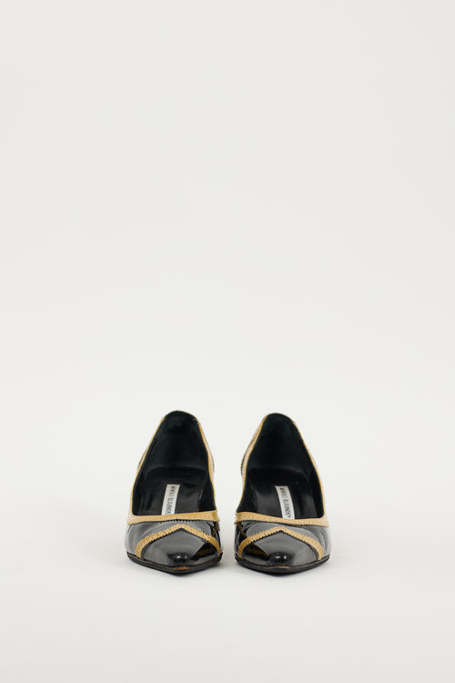 Manolo Blahnik Black 
Beige Patent Leather Brogue Heel