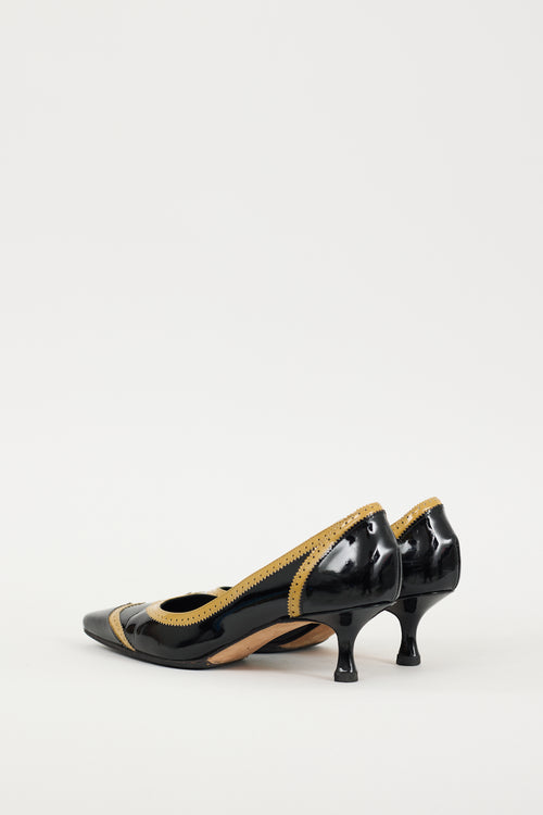 Manolo Blahnik Black 
Beige Patent Leather Brogue Heel