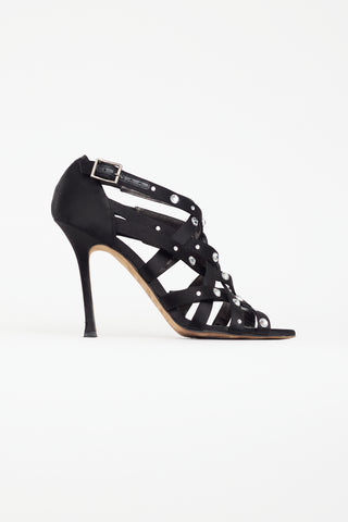 Manolo Blahnik Black Satin Embellished Cage Pump