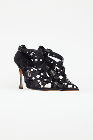 Manolo Blahnik Black Satin Embellished Cage Pump