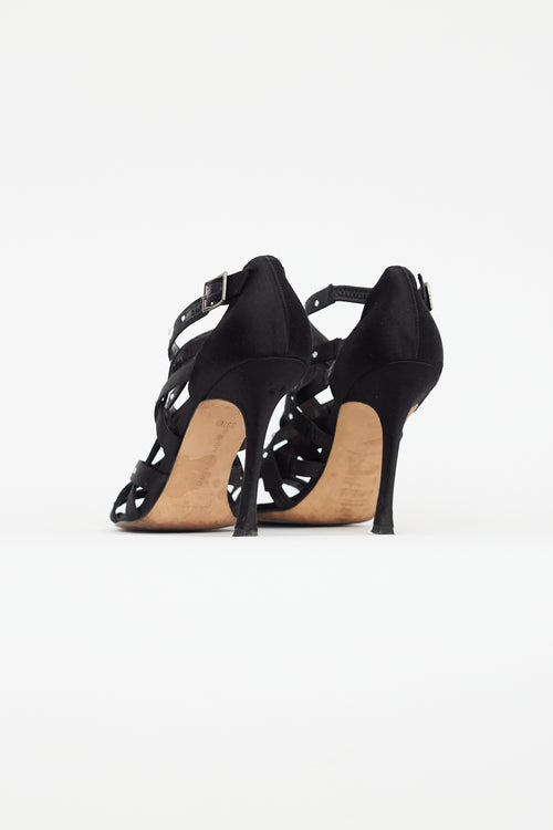 Manolo Blahnik Black Satin Embellished Cage Pump