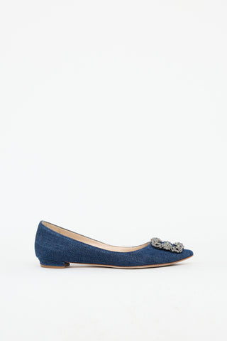 Manolo Blahnik Blue Denim Hangisi Crystal Flat