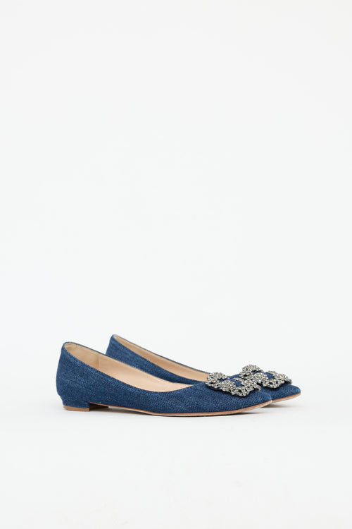 Manolo Blahnik Blue Denim Hangisi Crystal Flat