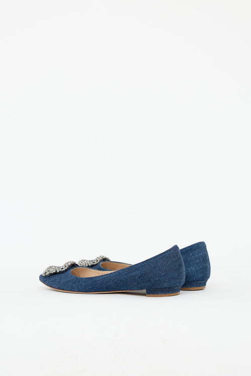 Manolo Blahnik Blue Denim Hangisi Crystal Flat