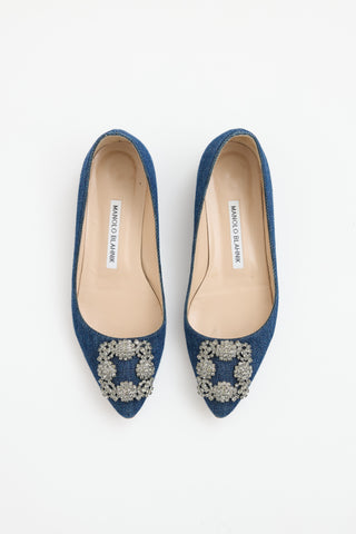 Manolo Blahnik Blue Denim Hangisi Crystal Flat