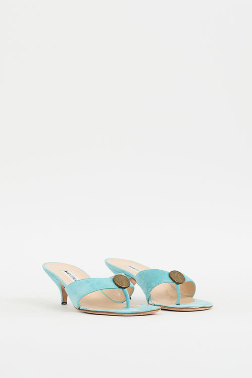 Manolo Blahnik Blue Suede Coin Embellished Heeled Sandal