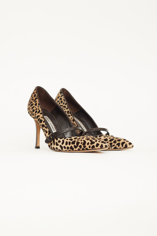 Manolo Blahnik Brown 
Beige Patterned Mary Jane Pump