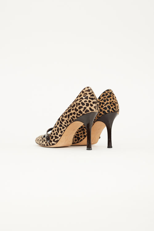 Manolo Blahnik Brown 
Beige Patterned Mary Jane Pump