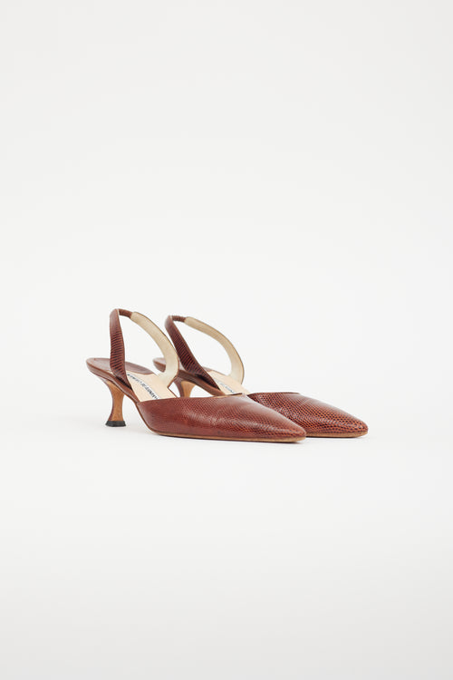 Manolo Blahnik Brown Carolyne Embossed Slingback Pump