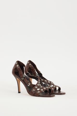 Manolo Blahnik Brown 
Silver Leather Ningia Sandal