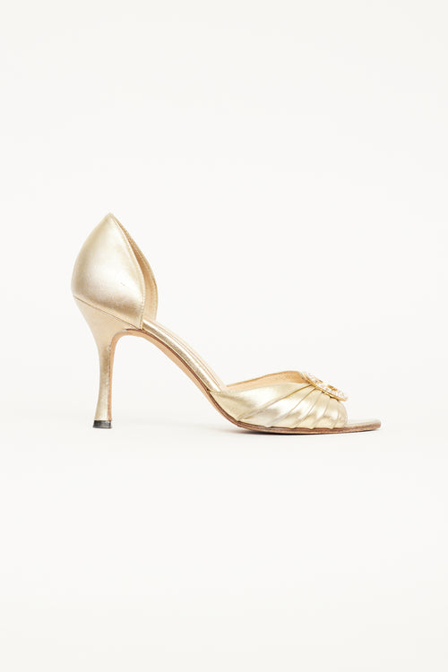 Manolo Blahnik Gold Crystal Circle Peep Toe Pump