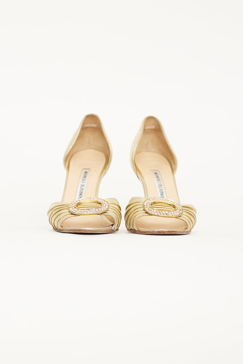 Manolo Blahnik Gold Crystal Circle Peep Toe Pump