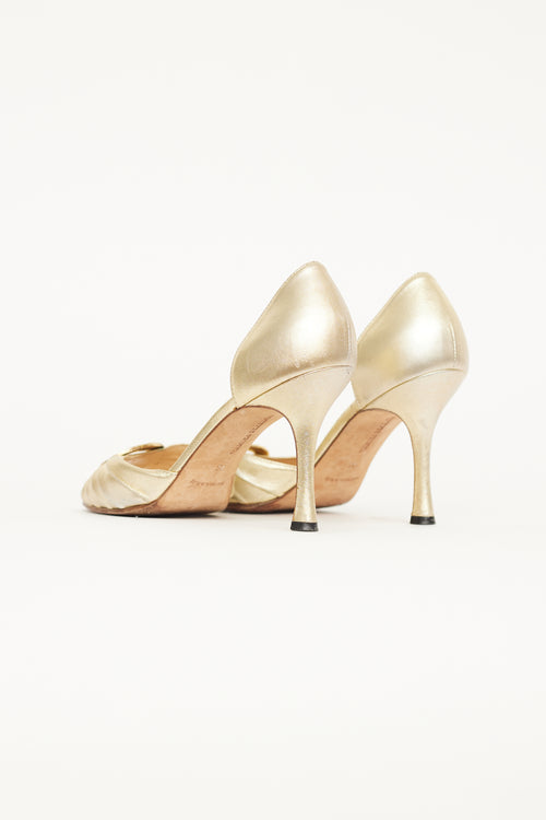 Manolo Blahnik Gold Crystal Circle Peep Toe Pump