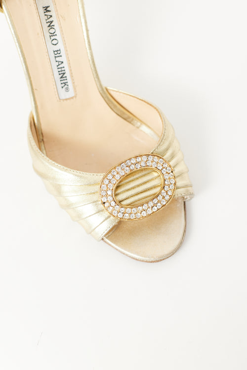 Manolo Blahnik Gold Crystal Circle Peep Toe Pump