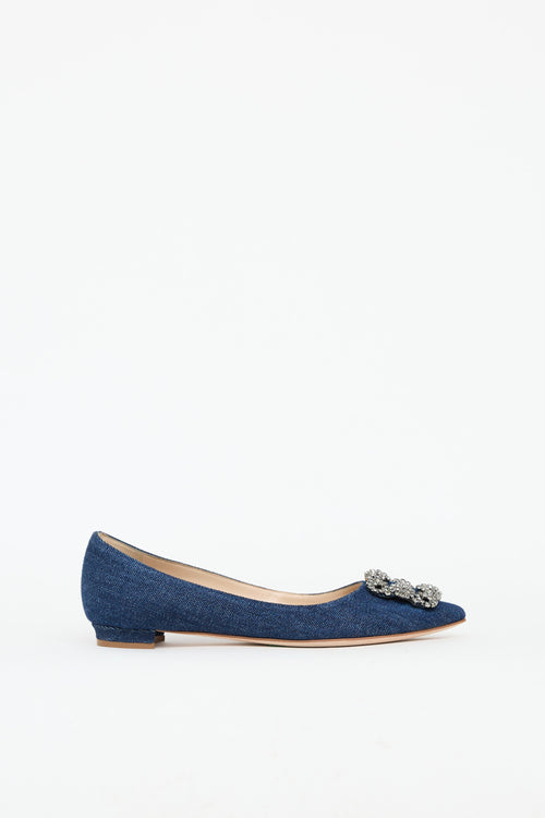 Manolo Blahnik Blue Denim Hangisi Crystal Flat