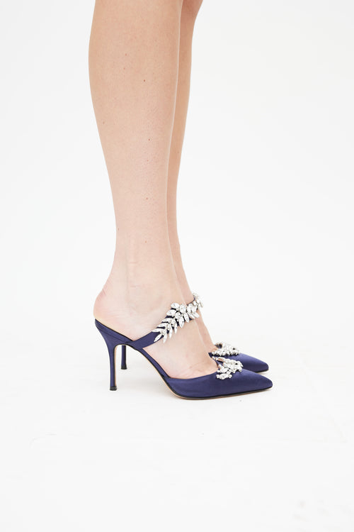 Manolo Blahnik Navy Lurum 90 Embellished Satin Mule