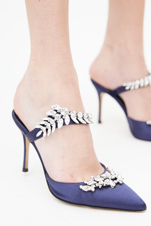 Manolo Blahnik Navy Lurum 90 Embellished Satin Mule