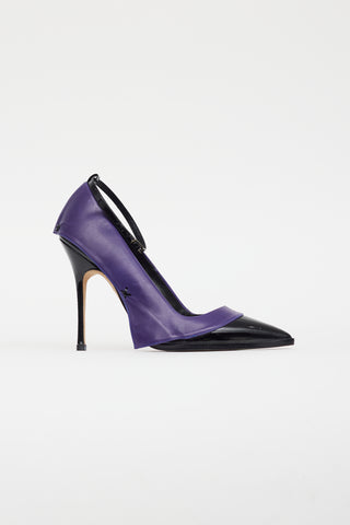 Manolo Blahnik Purple 
Black Leather Flap Pump