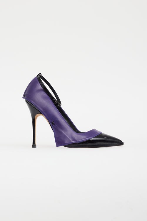 Manolo Blahnik Purple 
Black Leather Flap Pump