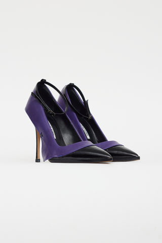 Manolo Blahnik Purple 
Black Leather Flap Pump