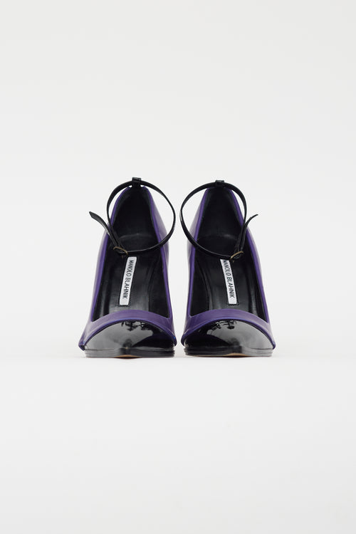 Manolo Blahnik Purple 
Black Leather Flap Pump