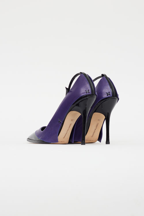 Manolo Blahnik Purple 
Black Leather Flap Pump