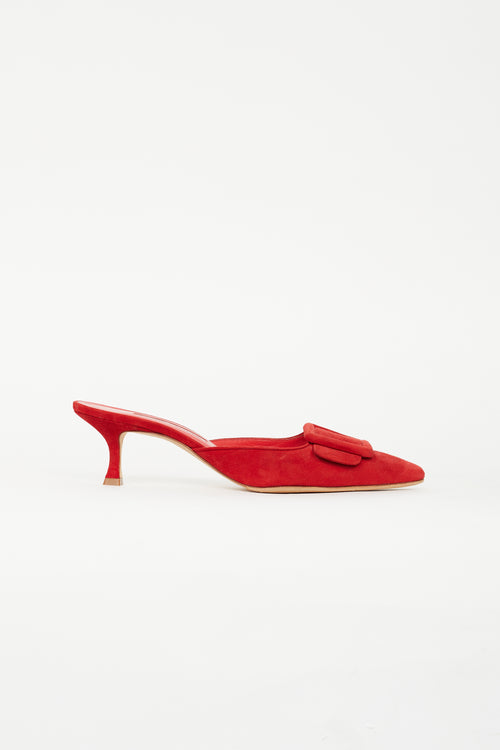 Manolo Blahnik Red Suede Maysale 50 Buckle Mule