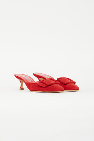 Manolo Blahnik Red Suede Maysale 50 Buckle Mule