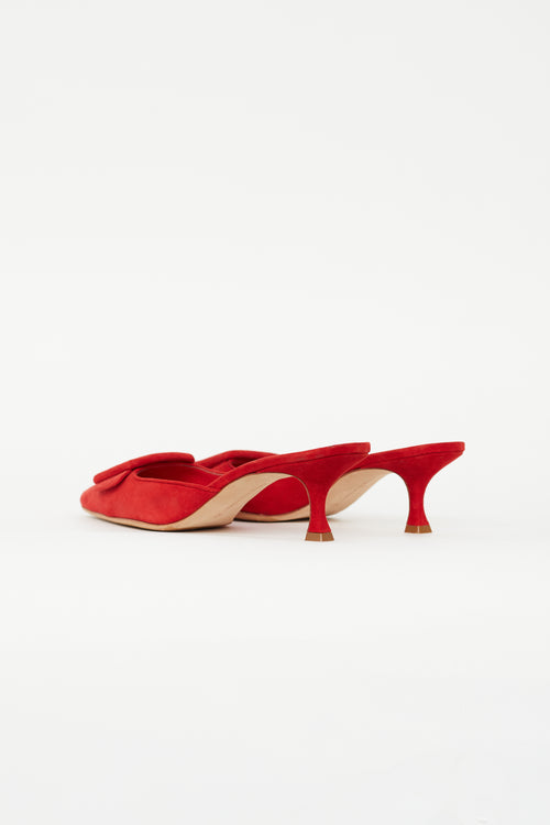 Manolo Blahnik Red Suede Maysale 50 Buckle Mule