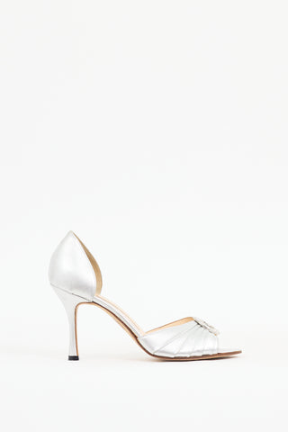 Manolo Blahnik Silver Leather Sedaraby Pleated Jewel Sandal