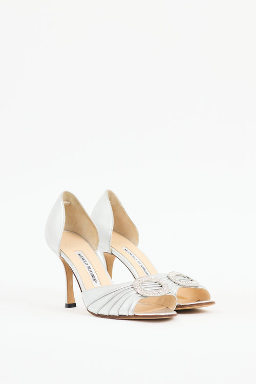 Manolo Blahnik Silver Leather Sedaraby Pleated Jewel Sandal