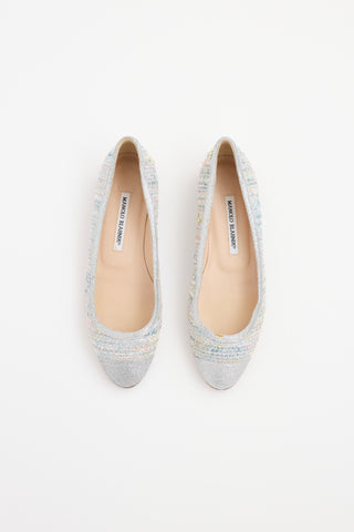 Manolo Blahnik Silver 
Multi Tweed Flat