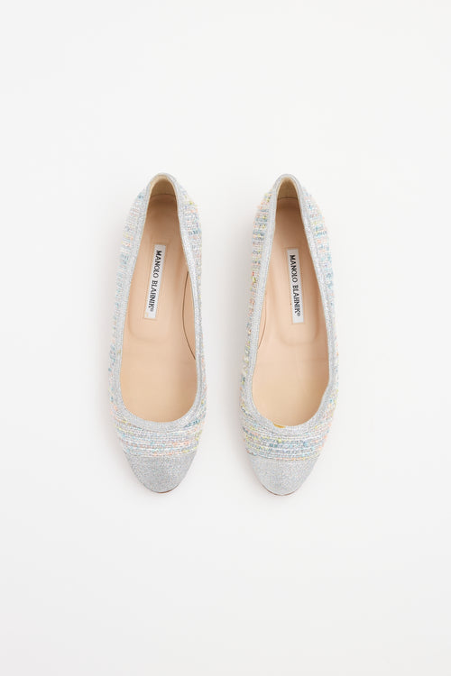 Manolo Blahnik Silver 
Multi Tweed Flat