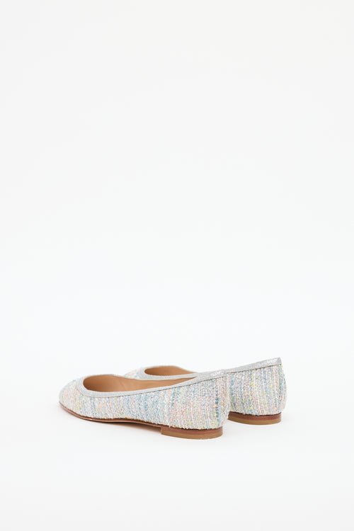 Manolo Blahnik Silver 
Multi Tweed Flat