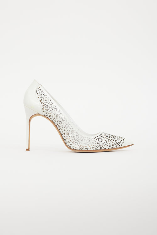 Manolo Blahnik White BBMI 105 Patent Cut Out Heel