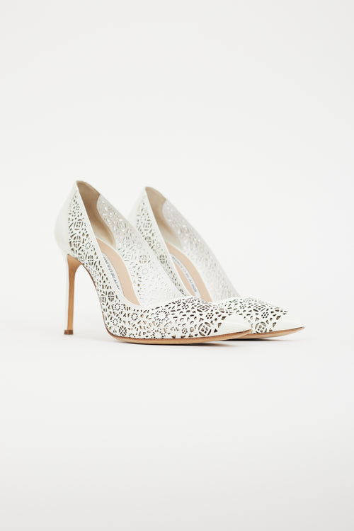 Manolo Blahnik White BBMI 105 Patent Cut Out Heel