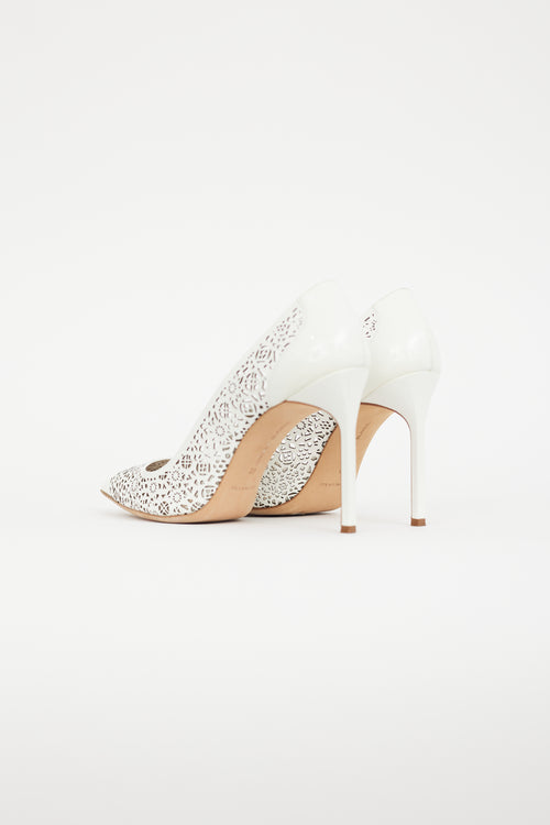 Manolo Blahnik White BBMI 105 Patent Cut Out Heel