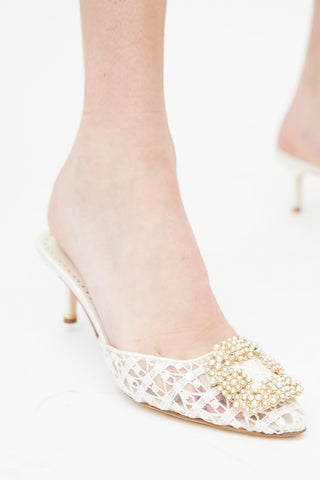 Manolo Blahnik White Hangisi Lace Mule