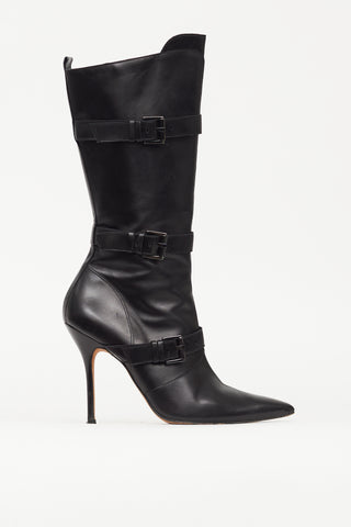 Manolo Blahnik Black Leather Pointed Toe Buckle Pump Boot