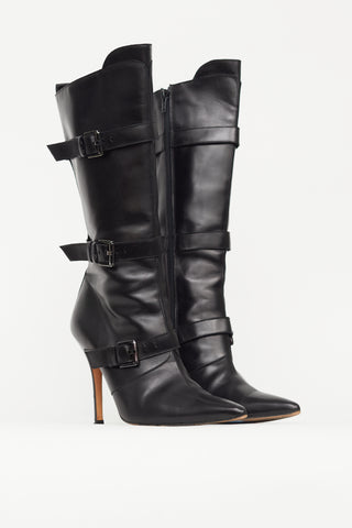 Manolo Blahnik Black Leather Pointed Toe Buckle Pump Boot