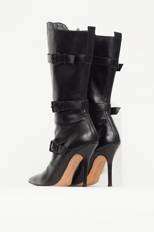 Manolo Blahnik Black Leather Pointed Toe Buckle Pump Boot