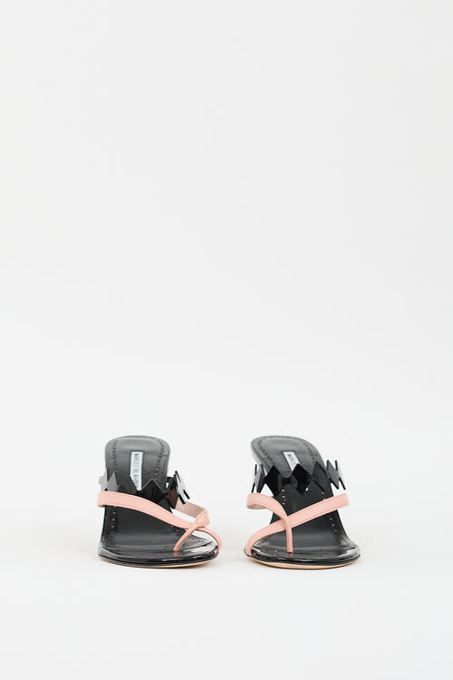 Manolo Blahnik Black 
Pink Patent Leather Sulafahi Heeled Sandal